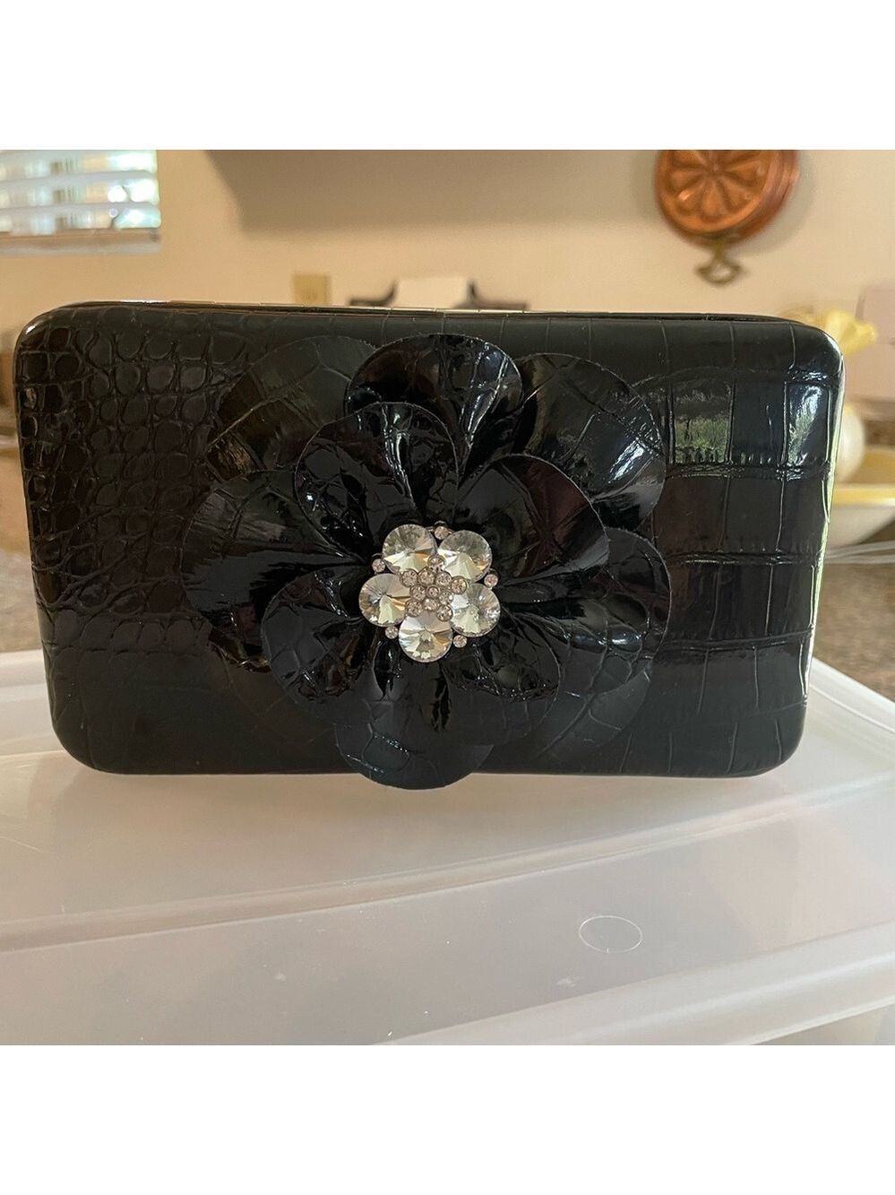 Hananel Clutch Purse, Black Patent, Diamond Rose on Front, New without Tags